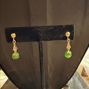 Vintage 1960s gold plated and genuine Jade dangle pierced earrings